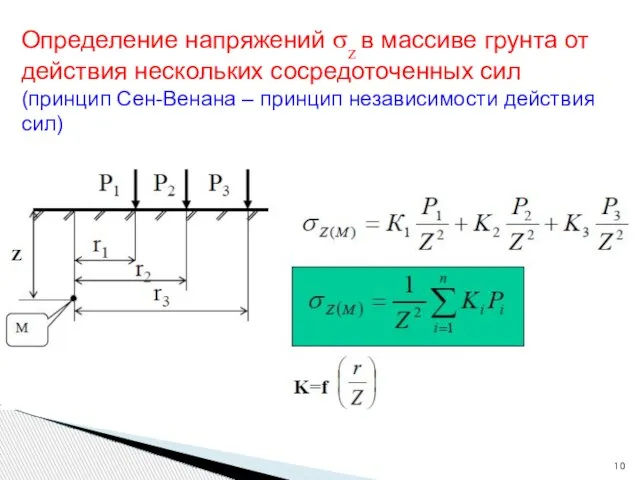 Определение напряжений σz в массиве грунта от действия нескольких сосредоточенных сил