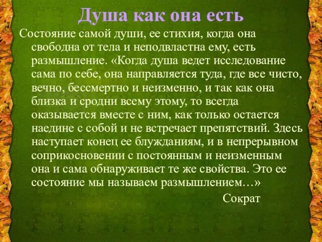 Душа как она есть Состояние самой души, ее стихия, когда она