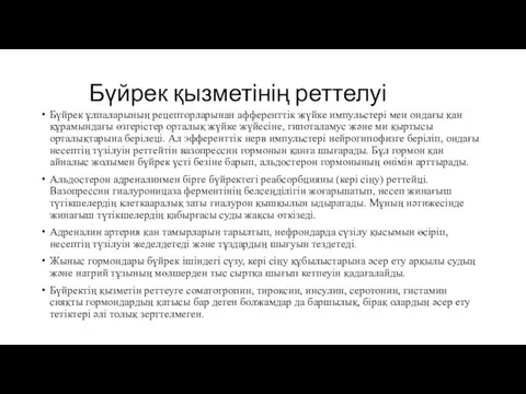 Бүйрек қызметінің реттелуі Бүйрек ұлпаларының рецепторларынан афференттік жүйке импульстері мен ондағы