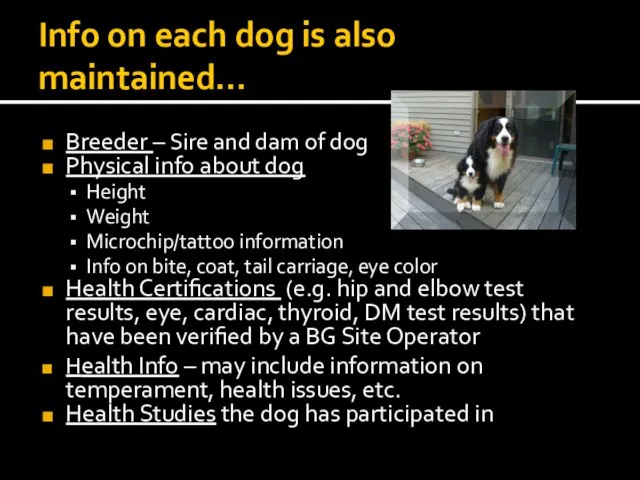 Info on each dog is also maintained… Breeder – Sire and