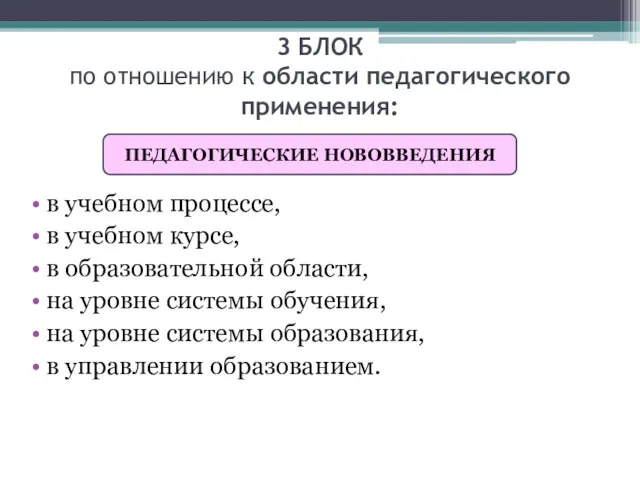 3 БЛОК по отношению к области педагогического применения: в учебном процессе,