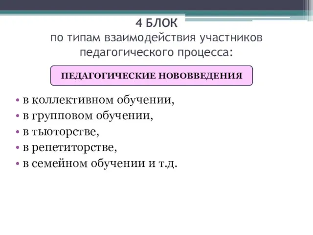 4 БЛОК по типам взаимодействия участников педагогического процесса: в коллективном обучении,