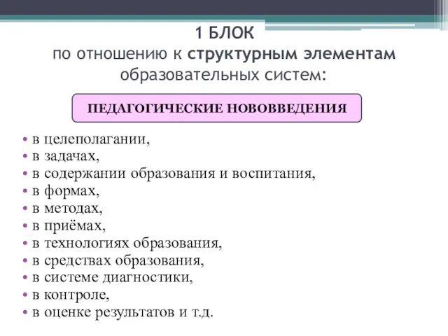 1 БЛОК по отношению к структурным элементам образовательных систем: в целеполагании,