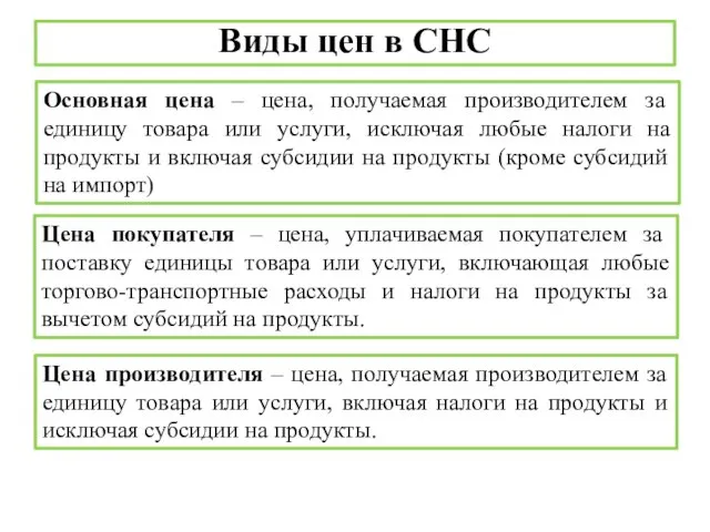 Виды цен в СНС Основная цена – цена, получаемая производителем за