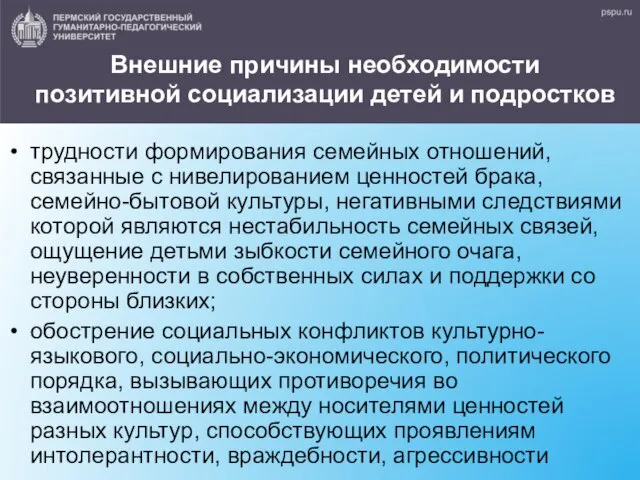 Внешние причины необходимости позитивной социализации детей и подростков трудности формирования семейных