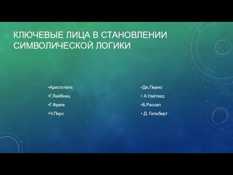 КЛЮЧЕВЫЕ ЛИЦА В СТАНОВЛЕНИИ СИМВОЛИЧЕСКОЙ ЛОГИКИ Аристотель Г.Лейбниц Г.Фреге Ч.Пирс Дж.Пеано А.Уайтхед Б.Рассел Д. Гильберт