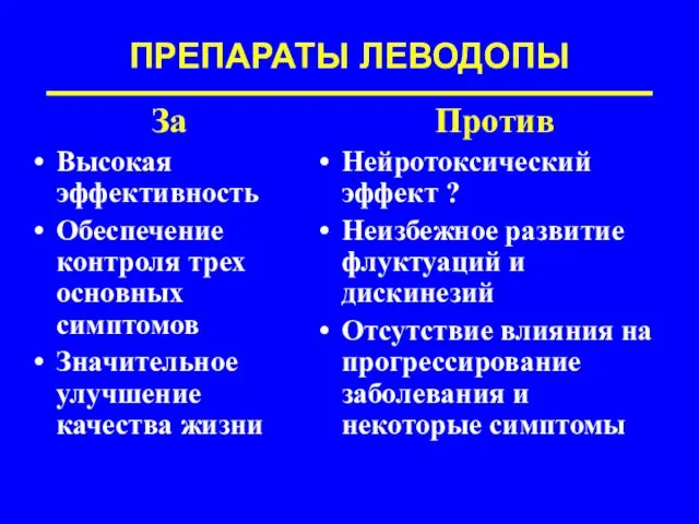 ПРЕПАРАТЫ ЛЕВОДОПЫ За Высокая эффективность Обеспечение контроля трех основных симптомов Значительное