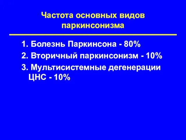 Частота основных видов паркинсонизма 1. Болезнь Паркинсона - 80% 2. Вторичный