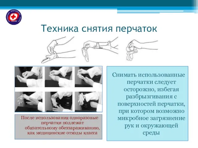 Техника снятия перчаток Снимать использованные перчатки следует осторожно, избегая разбрызгивания с