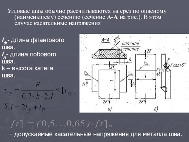 Угловые швы обычно рассчитываются на срез по опасному (наименьшему) сечению (сечение