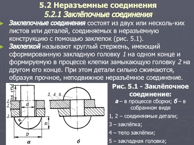 5.2 Неразъемные соединения 5.2.1 Заклёпочные соединения Заклепочные соединения состоят из двух