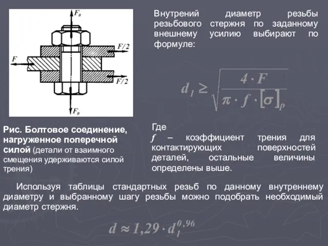 Рис. Болтовое соединение, нагруженное поперечной силой (детали от взаимного смещения удерживаются