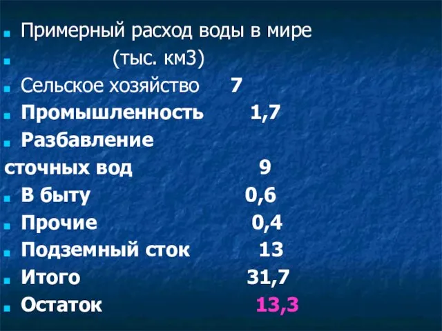 Примерный расход воды в мире (тыс. км3) Сельское хозяйство 7 Промышленность