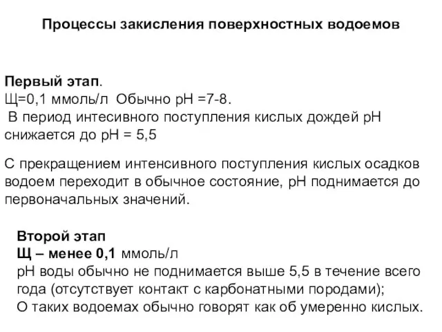 Процессы закисления поверхностных водоемов Первый этап. Щ=0,1 ммоль/л Обычно рН =7-8.