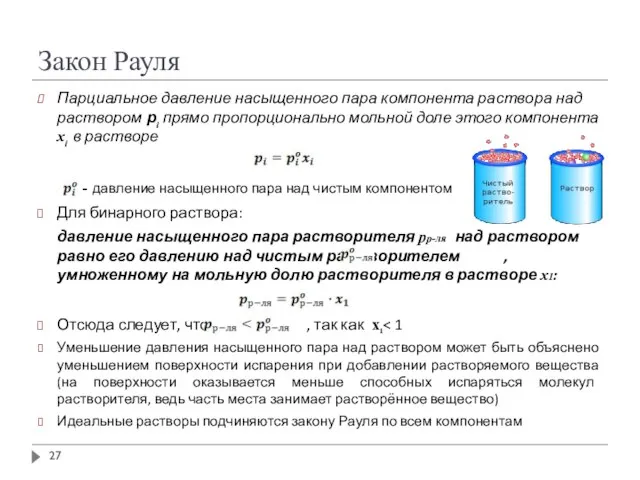 Закон Рауля Парциальное давление насыщенного пара компонента раствора над раствором рi