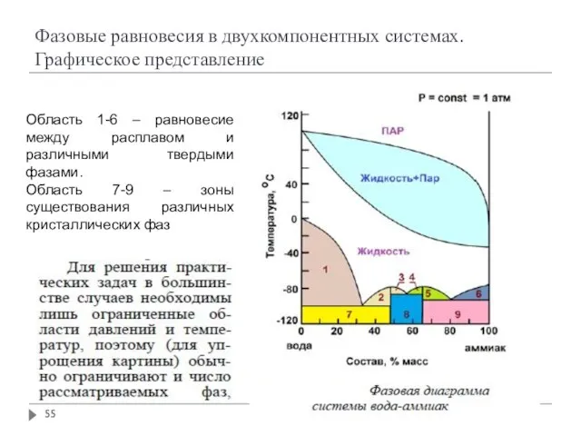 Фазовые равновесия в двухкомпонентных системах. Графическое представление Область 1-6 – равновесие