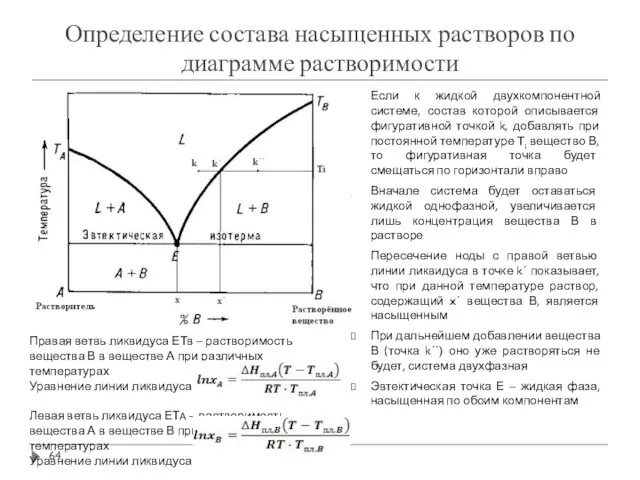 Определение состава насыщенных растворов по диаграмме растворимости Если к жидкой двухкомпонентной