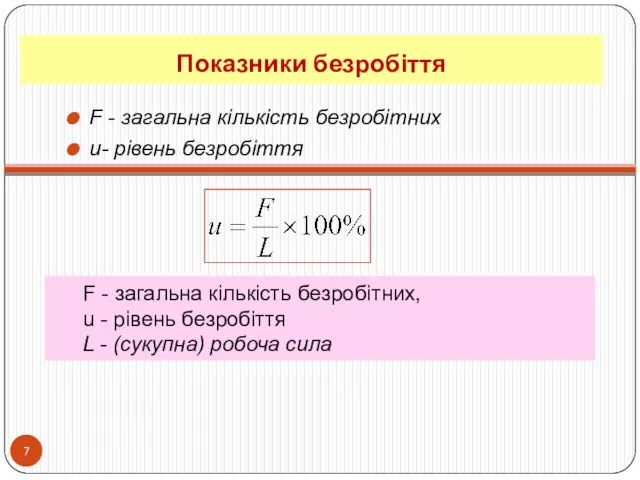 Показники безробіття F - загальна кількість безробітних u- рівень безробіття F