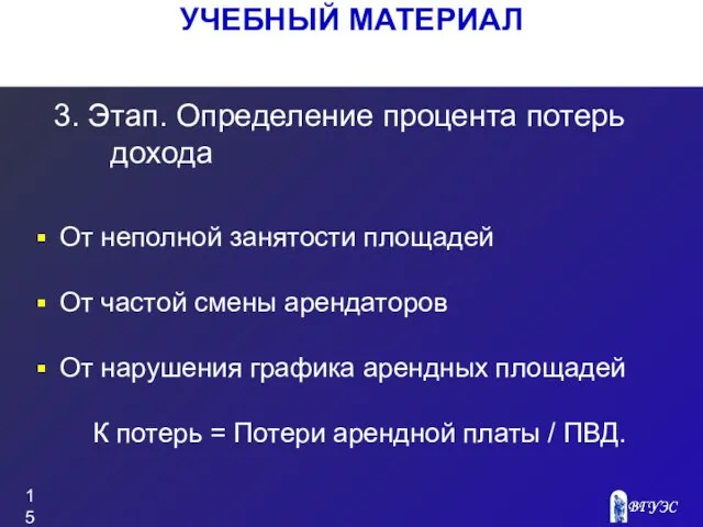 УЧЕБНЫЙ МАТЕРИАЛ От неполной занятости площадей От частой смены арендаторов От