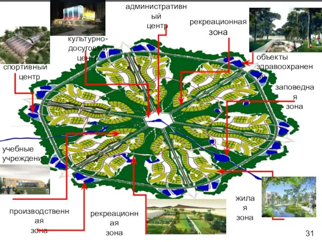 административный центр культурно-досуговый центр рекреационная зона спортивный центр объекты здравоохранения учебные