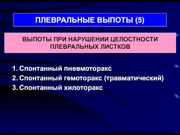 Спонтанный пневмоторакс Спонтанный гемоторакс (травматический) Спонтанный хилоторакс ПЛЕВРАЛЬНЫЕ ВЫПОТЫ (5) ВЫПОТЫ ПРИ НАРУШЕНИИ ЦЕЛОСТНОСТИ ПЛЕВРАЛЬНЫХ ЛИСТКОВ