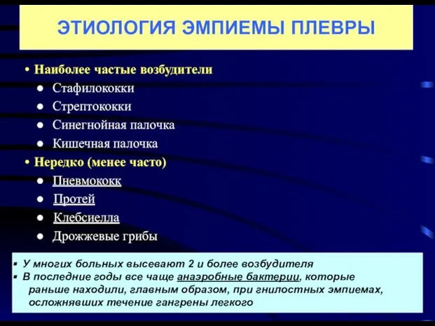 Наиболее частые возбудители Стафилококки Стрептококки Синегнойная палочка Кишечная палочка Нередко (менее