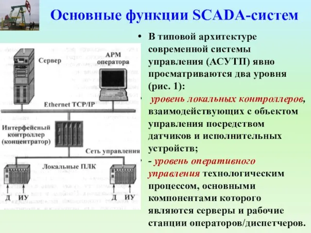 Основные функции SCADA-систем В типовой архитектуре современной системы управления (АСУТП) явно
