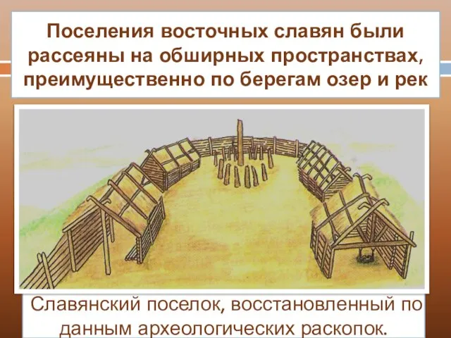 Славянский поселок, восстановленный по данным археологических раскопок. Поселения восточных славян были