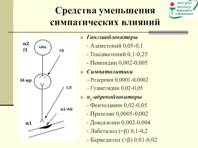 Ганглиоблокаторы - Азаметоний 0,05-0,1 - Гексаметоний 0,1-0,25 - Пемпидин 0,002-0,005 Симпатолитики