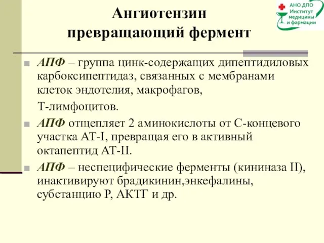 Ангиотензин превращающий фермент АПФ – группа цинк-содержащих дипептидиловых карбоксипептидаз, связанных с