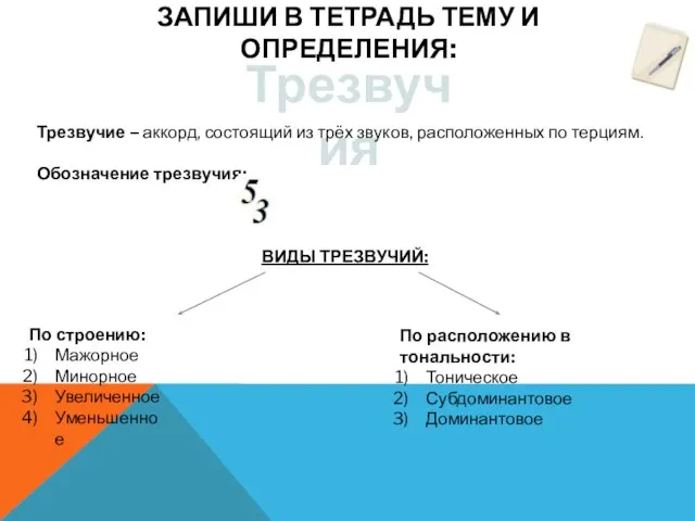 ЗАПИШИ В ТЕТРАДЬ ТЕМУ И ОПРЕДЕЛЕНИЯ: Трезвучия Трезвучие – аккорд, состоящий