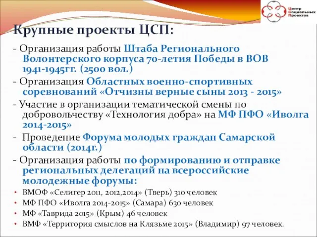 Крупные проекты ЦСП: - Организация работы Штаба Регионального Волонтерского корпуса 70-летия