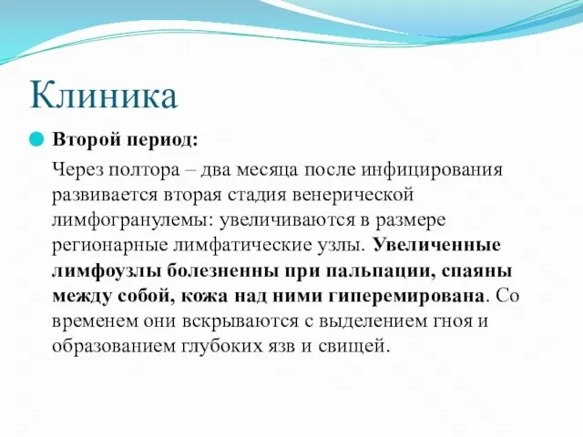 Клиника Второй период: Через полтора – два месяца после инфицирования развивается