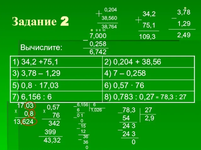 Задание 2 Вычислите: = 78,3 : 27