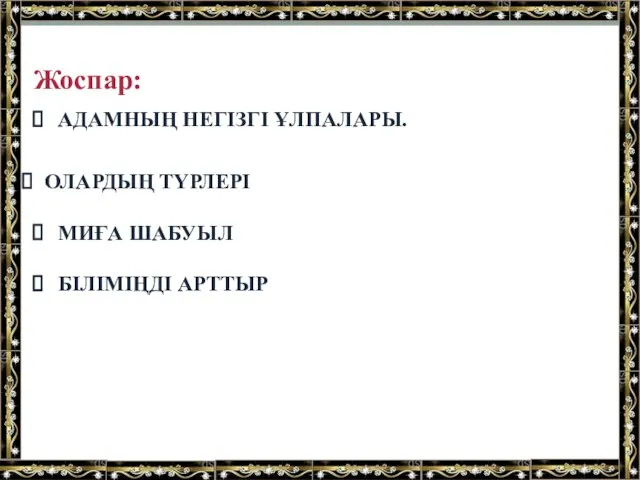 Жоспар: АДАМНЫҢ НЕГІЗГІ ҰЛПАЛАРЫ. ОЛАРДЫҢ ТҮРЛЕРІ МИҒА ШАБУЫЛ БІЛІМІҢДІ АРТТЫР