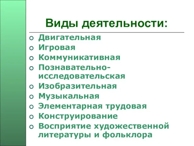 Виды деятельности: Двигательная Игровая Коммуникативная Познавательно-исследовательская Изобразительная Музыкальная Элементарная трудовая Конструирование Восприятие художественной литературы и фольклора