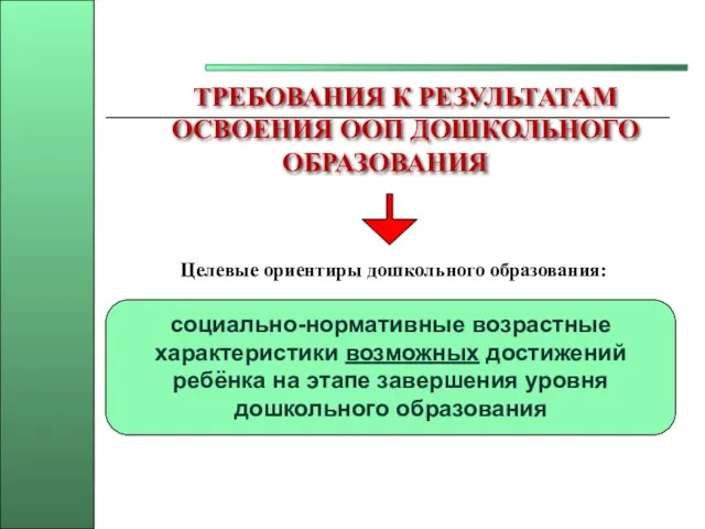 ТРЕБОВАНИЯ К РЕЗУЛЬТАТАМ ОСВОЕНИЯ ООП ДОШКОЛЬНОГО ОБРАЗОВАНИЯ Целевые ориентиры дошкольного образования: