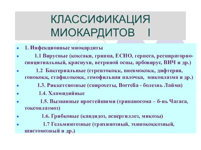 КЛАССИФИКАЦИЯ МИОКАРДИТОВ І 1. Инфекционные миокардиты 1.1 Вирусные (коксаки, гриппа, ECHO,