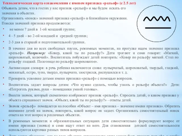 Технологическая карта ознакомления с именем признака «рельеф» (с 2.5 лет) Объявить