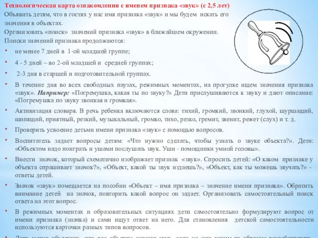 Технологическая карта ознакомления с именем признака «звук» (с 2,5 лет) Объявить