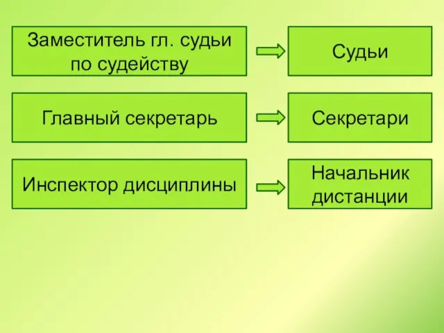 Судьи Заместитель гл. судьи по судейству Главный секретарь Секретари Инспектор дисциплины Начальник дистанции