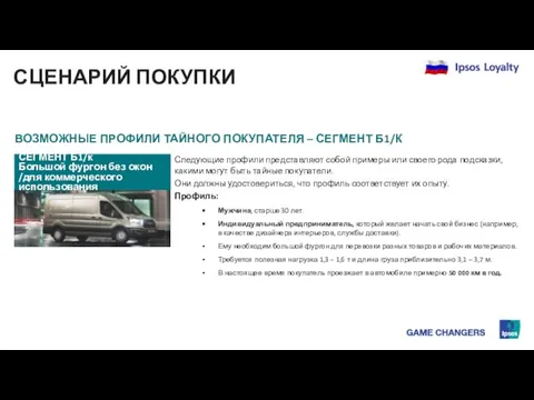 СЦЕНАРИЙ ПОКУПКИ ВОЗМОЖНЫЕ ПРОФИЛИ ТАЙНОГО ПОКУПАТЕЛЯ – СЕГМЕНТ Б1/К Следующие профили