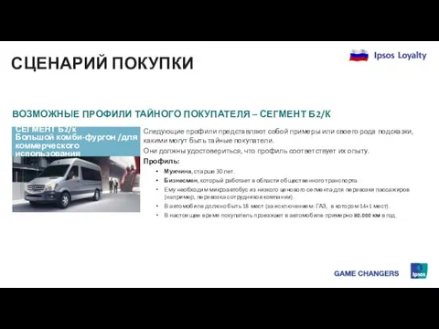 СЦЕНАРИЙ ПОКУПКИ ВОЗМОЖНЫЕ ПРОФИЛИ ТАЙНОГО ПОКУПАТЕЛЯ – СЕГМЕНТ Б2/К Следующие профили