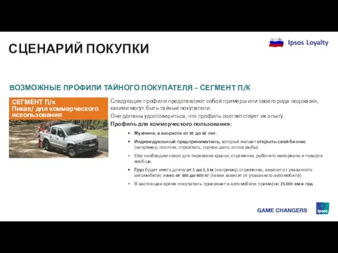 СЦЕНАРИЙ ПОКУПКИ ВОЗМОЖНЫЕ ПРОФИЛИ ТАЙНОГО ПОКУПАТЕЛЯ – СЕГМЕНТ П/К Следующие профили