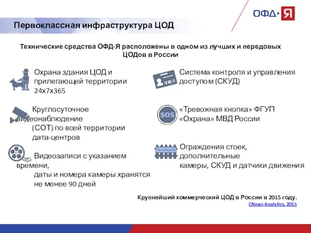 Первоклассная инфраструктура ЦОД Охрана здания ЦОД и прилегающей территории 24х7х365 Круглосуточное