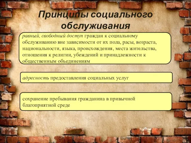 Принципы социального обслуживания равный, свободный доступ граждан к социальному обслуживанию вне