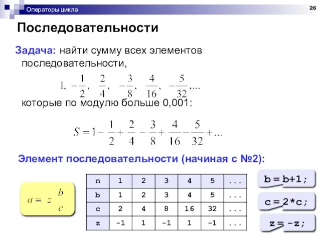 Операторы цикла Последовательности Задача: найти сумму всех элементов последовательности, которые по