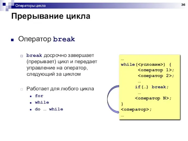 Операторы цикла Прерывание цикла Оператор break break досрочно завершает (прерывает) цикл