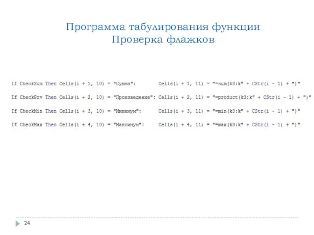 Программа табулирования функции Проверка флажков