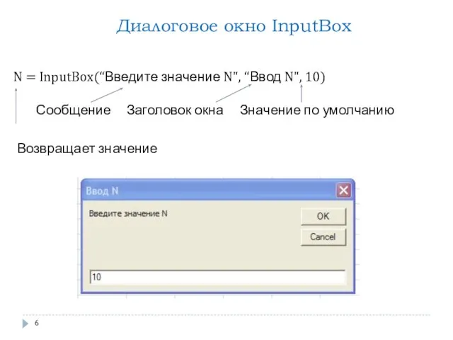 N = InputBox(“Введите значение N", “Ввод N", 10) Сообщение Заголовок окна